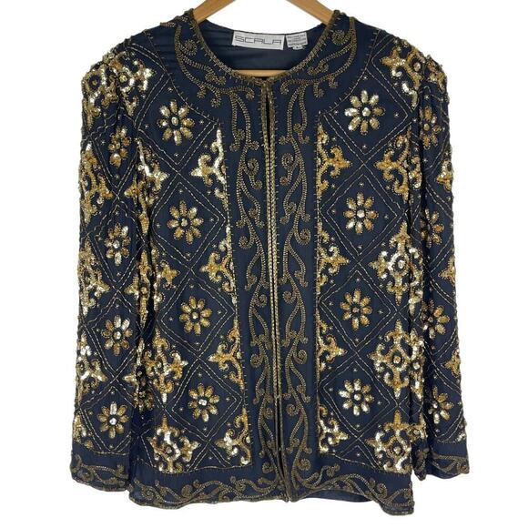 Vintage 80s Scala Jacket Women's Large Black Silk Gold Beaded Evening Party - Picture 1 of 10